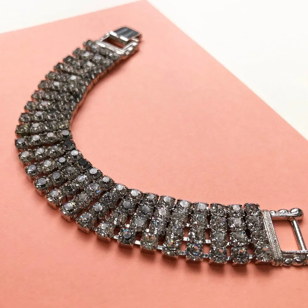 Wide rhinestone tennis bracelet, statement clear crystal bracelet 60s vintage